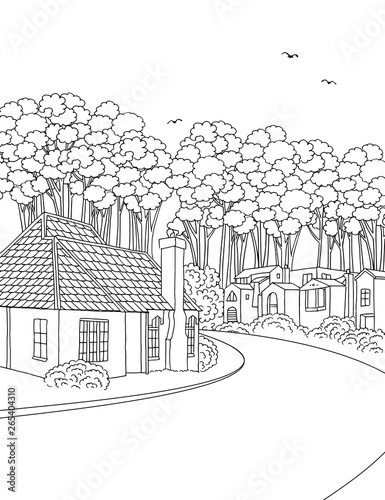 Hand drawn black and white illustration of a middle class suburban neighbourhood with houses, yard, pavement and trees