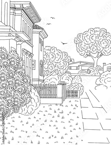 Hand drawn black and white illustration of a middle class suburban neighbourhood with houses, yard, pavement and trees