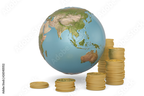 Gold coins and globe isolated on white background 3D illustration.