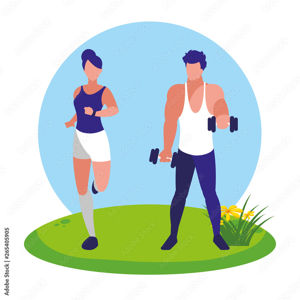 athletic man weight lifting and woman running in the camp