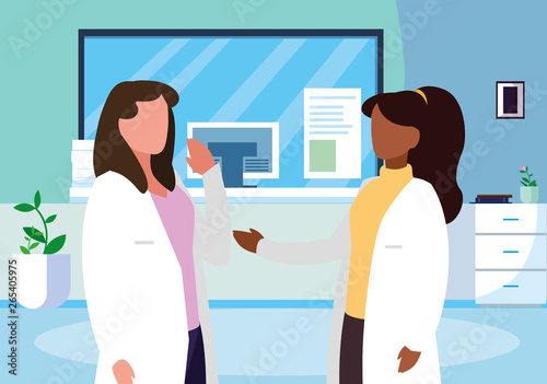 interracial female medicine workers in clinic reception