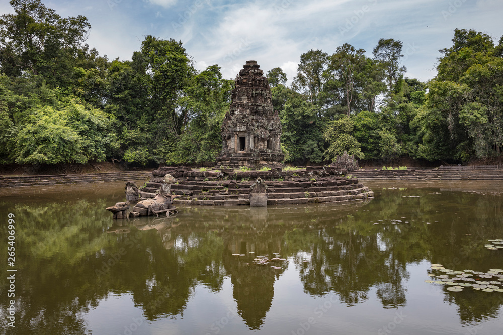 Jayatataka Baray, a man made lake which contains the Neak Pean artificial island with a Buddhist temple on a circular island at Angkor, Siem Reap, Cambodia