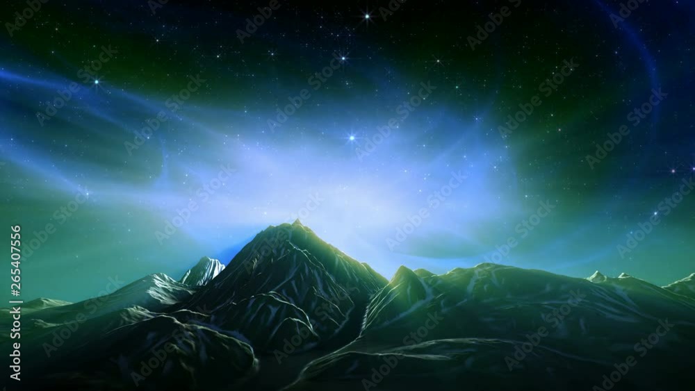 Fantasy landscape loop. Aurora lights in starry night sky, above snowy mountains, on Earth or alien planet. Green version. Digitally generated animation.