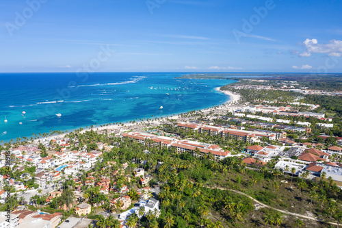 Aerial view from drone on caribbean sea coastline with resorts