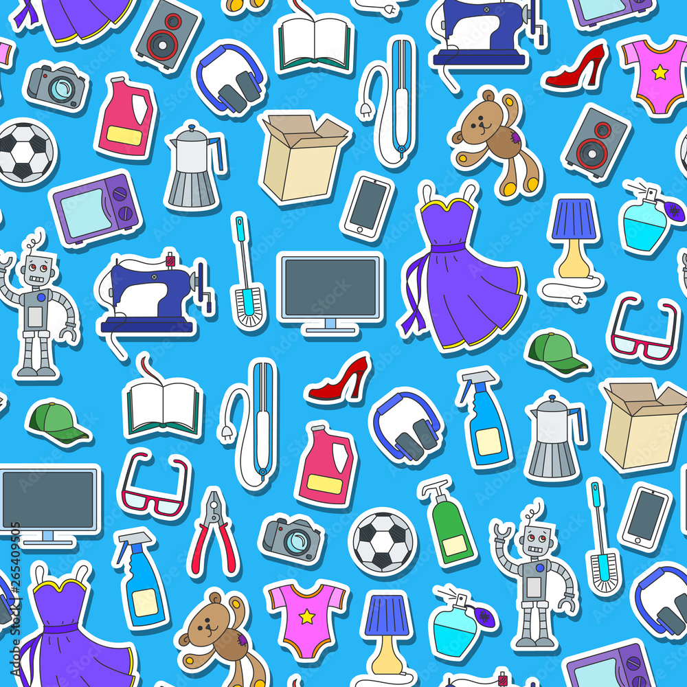 Seamless pattern on a theme of products and shopping, simple sticker icons, color patch  icons on blue background