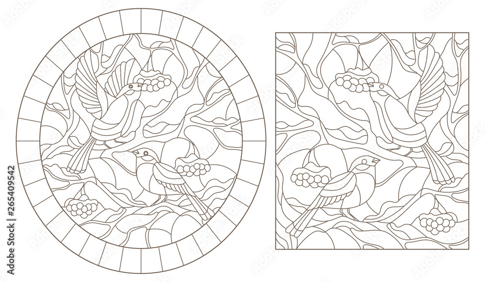 Obraz premium A set of contour illustrations of stained glass birds, bullfinches on the branches of snow-covered mountain ash dark contours on a white background
