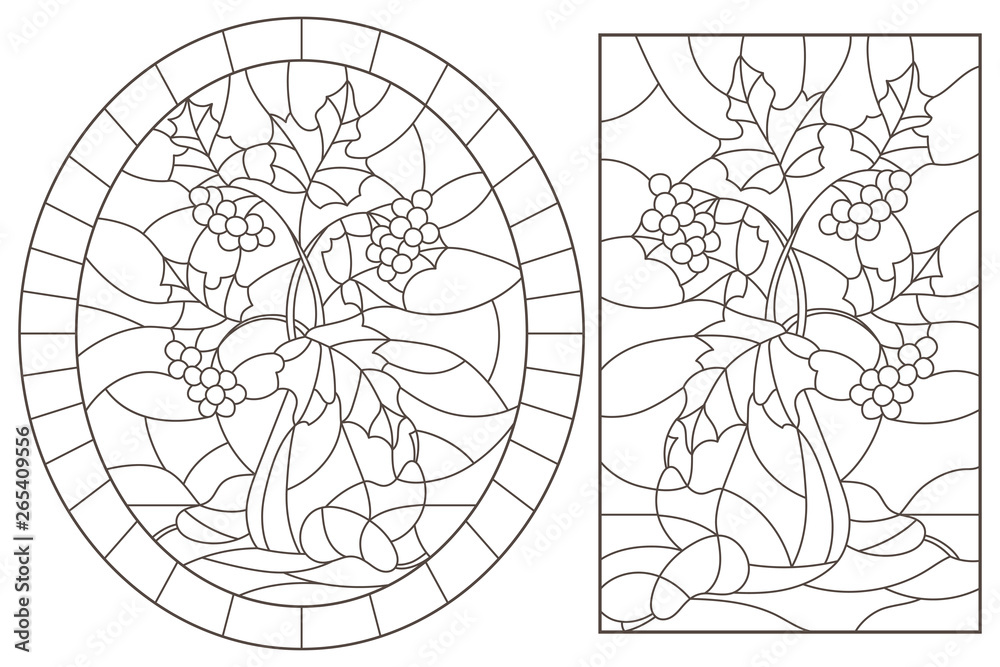 Set contour illustrations of stained glass with autumn still life, tree branches in vases and fruit, dark contours on a white background