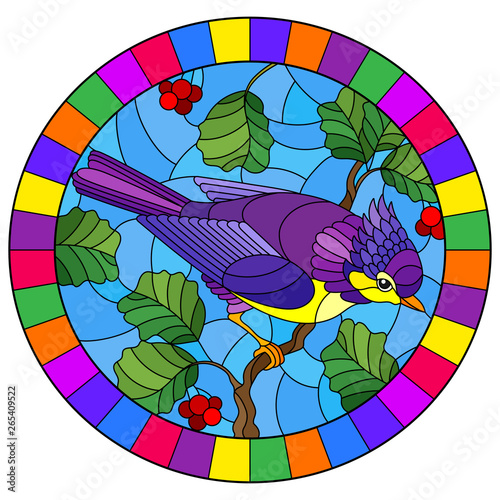 Illustration in the style of stained glass with a beautiful bright purple  bird  on a  background of branch of tree and sky,oval image in bright frame
