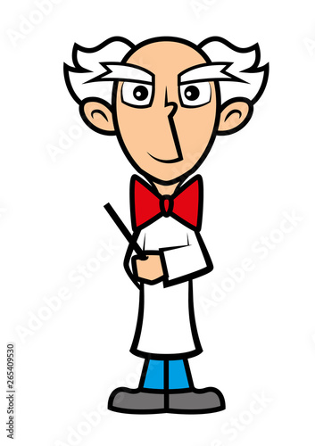 White hair Professor with red bowtie giving a lecture, holding a stick-vector character illustration isolated