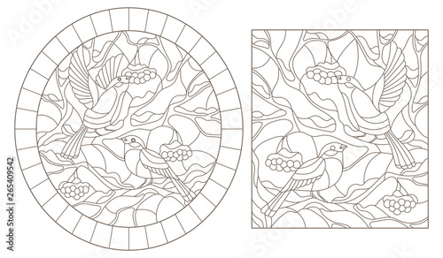 A set of contour illustrations of stained glass birds, bullfinches on the branches of snow-covered mountain ash dark contours on a white background