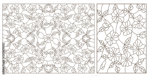 Set contour illustrations of stained glass with abstract swirls and flowers , horizontal orientation, dark contours on a white background,dark contours on a white background