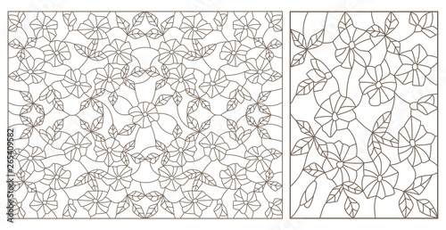 Set contour illustrations of stained glass with abstract swirls and flowers , horizontal orientation,  dark contours on a white background,dark contours on a white background