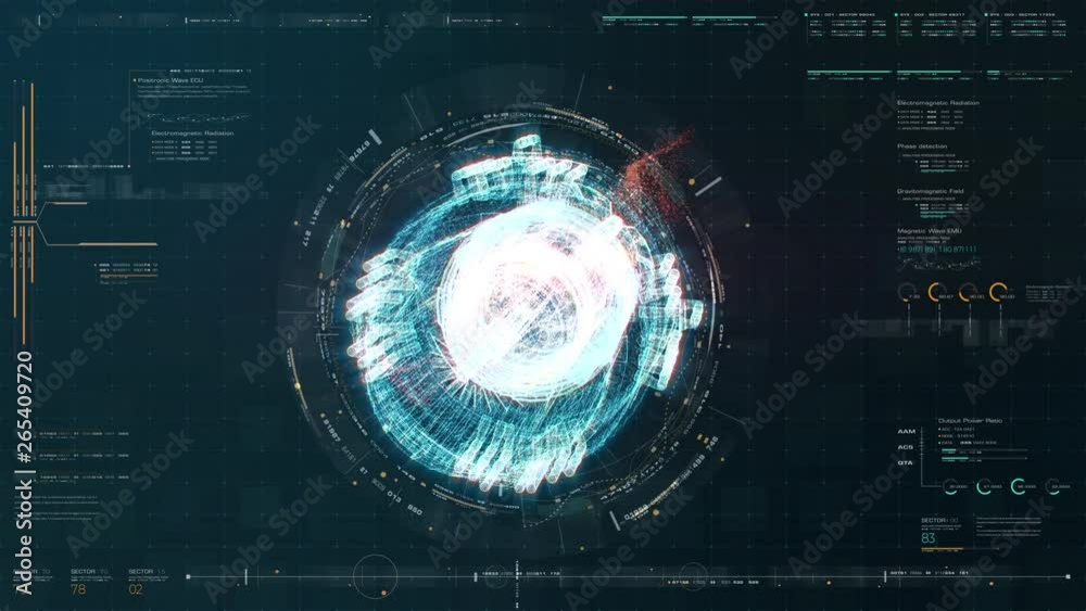Advance motion graphic futuristic user interface head up display screen with Holographic electromagnetic machine with gravitational fields energy particles wave and digital data telemetry information 