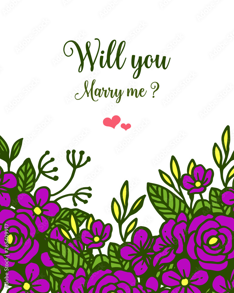 Vector illustration banner will you marry me with crowd purple wreath frame