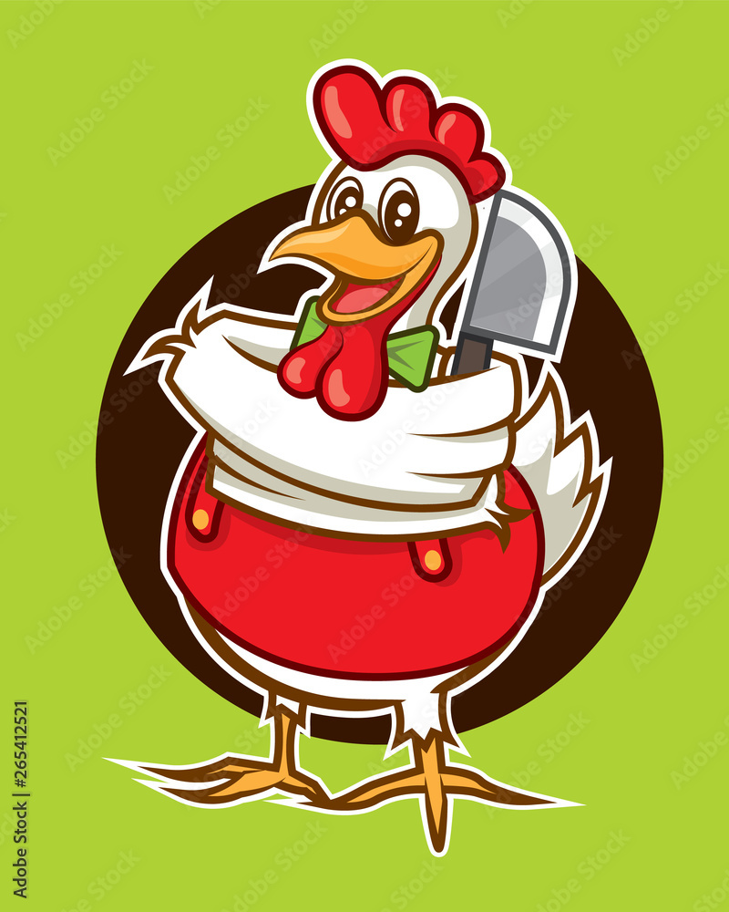 Cartoon cute chicken mascot character with cleaver vector illustration