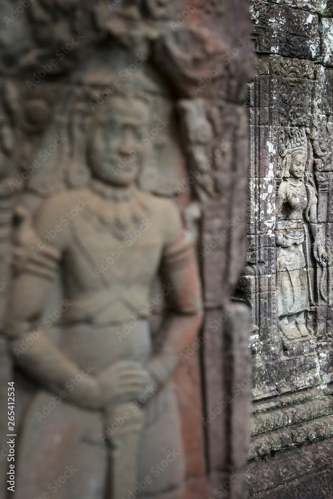 Sculpture details at the beautiful Ta Prohm temple in Siem Reap, Cambodia