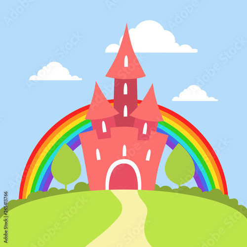 Cute Red Fairytale Castle with Rainbow and Summer Landscape Vector Illustration