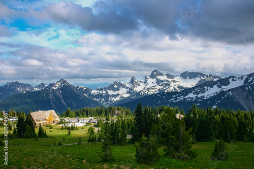 Mountain Rainier snow peak in summer cloudy pine tree