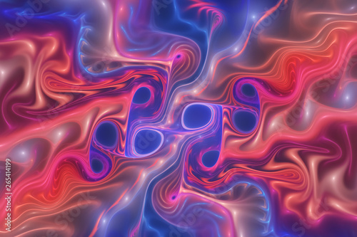 Abstract glossy red and blue swirl. Fantastic wavy background. Digital fractal art. 3d rendering.