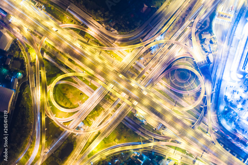 Aerial view night traffic light interchange city road