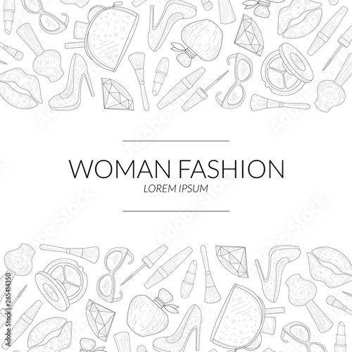 Woman Fashion Banner Template with Beauty Elements, Makeup Products, Cosmetics Hand Drawn Vector Illustration