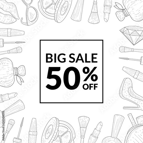 Big Sale Special Offer Banner Template, Sale with 50 Percent Off, Woman Fashion and Beauty, Makeup Products, Cosmetics Vector Illustration