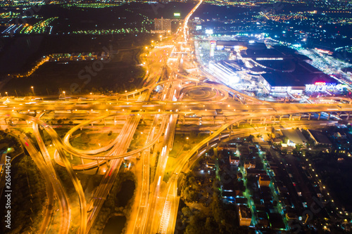 Fototapeta Naklejka Na Ścianę i Meble -  Aerial view night traffic light interchange city road