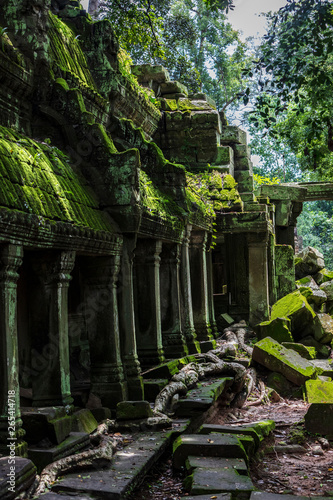 View of the moss covered Ta Prohm temple ruins in Siem Reap, Cambodia