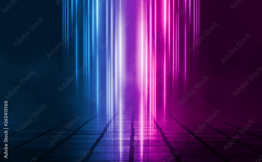 Empty background scene. Dark street, the reflection of night lights. Rays of neon light in the dark, neon figures, smoke. Night view of the street, the city. Abstract dark background. Empty background scene. Dark street, the reflection of night lights. Rays of neon light in the dark, neon figures, smoke. Night view of the street, the city. Abstract dark background.