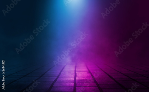 Empty background scene. Dark street, the reflection of night lights. Rays of neon light in the dark, neon figures, smoke. Night view of the street, the city. Abstract dark background.