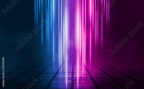 Empty background scene. Dark street, the reflection of night lights. Rays of neon light in the dark, neon figures, smoke. Night view of the street, the city. Abstract dark background.