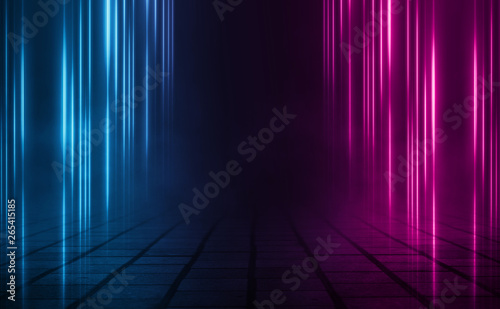 Empty background scene. Dark street  the reflection of night lights. Rays of neon light in the dark  neon figures  smoke. Night view of the street  the city. Abstract dark background.