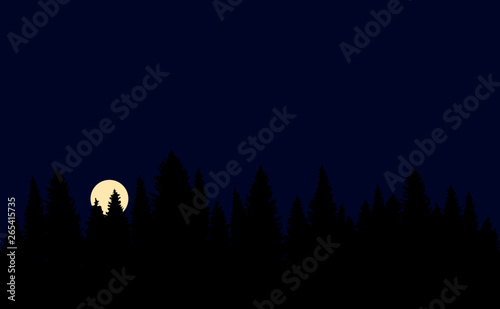 Forest landscape with full moon behind the trees blue background silhouette 