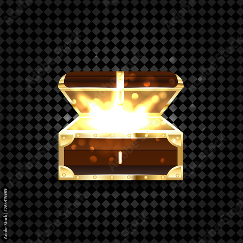 Shine in old wooden chest realistic composition on transparent background with vintage coffer and sparkling particles