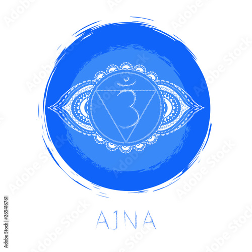 Vector illustration with symbol chakra Ajna and watercolor element on white background.