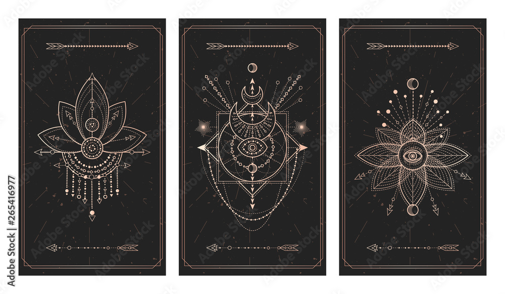 Fototapeta premium Vector set of three dark backgrounds with geometric symbols, grunge textures and frames. Abstract geometric symbols and sacred mystic signs drawn in lines.
