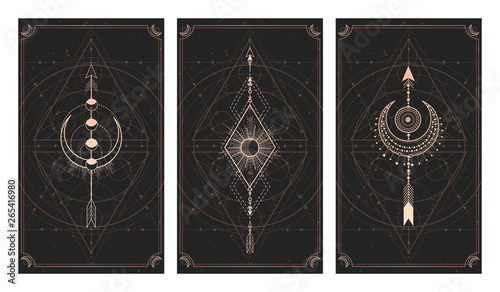 Vector set of three dark backgrounds with geometric symbols, grunge textures and frames. Abstract geometric symbols and sacred mystic signs drawn in lines.