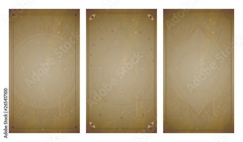 .Vector set of three vintage backgrounds with geometric symbols and frames. Abstract geometric symbols and sacred mystic signs drawn in lines.