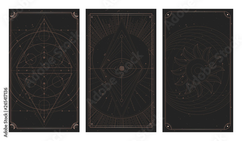 Vector set of three dark backgrounds with geometric symbols, grunge textures and frames. Abstract geometric symbols and sacred mystic signs drawn in lines.