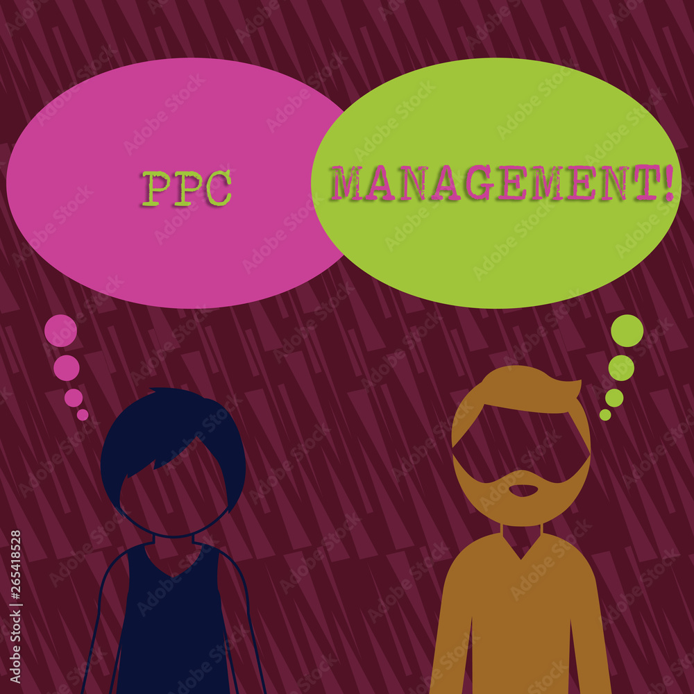 Text sign showing Ppc Management. Business photo text process of overseeing and analysisaging a company s is PPC ad spend Bearded Man and Woman Faceless Profile with Blank Colorful Thought Bubble Text sign showing Ppc Management. Business photo text process of overseeing and analysisaging a company s is PPC ad spend Bearded Man and Woman Faceless Profile with Blank Colorful Thought Bubble