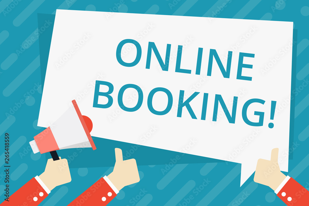 Text sign showing Online Booking. Business photo showcasing tool used to analysisage business travel through internet Hand Holding Megaphone and Other Two Gesturing Thumbs Up with Text Balloon Text sign showing Online Booking. Business photo showcasing tool used to analysisage business travel through internet Hand Holding Megaphone and Other Two Gesturing Thumbs Up with Text Balloon