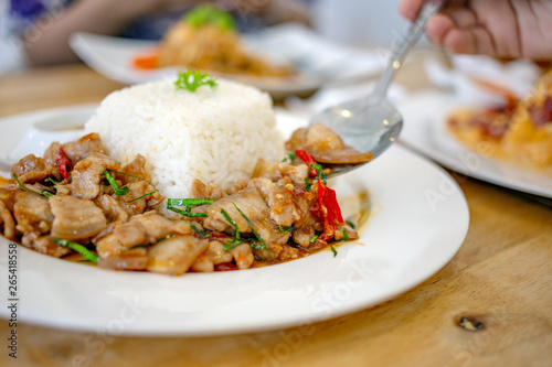 spicy fried pork Thai food with herb serve