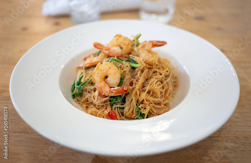 asian thai food noodle with shrimp and vegetable serve