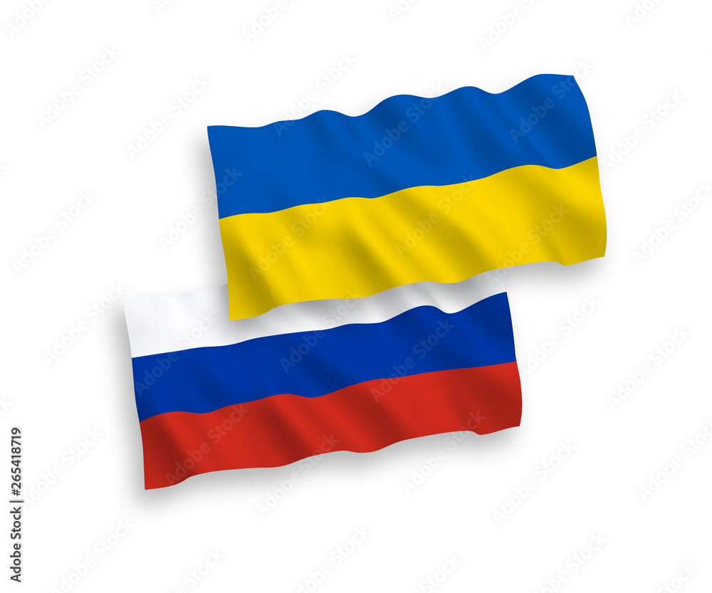 Naklejka premium National vector fabric wave flags of Russia and Ukraine isolated on white background. 1 to 2 proportion.