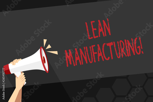 Text sign showing Lean Manufacturing. Business photo showcasing focus on minimizing waste within analysisufacturing systems Human Hand Holding Tightly a Megaphone with Sound Icon and Blank Text Space photo