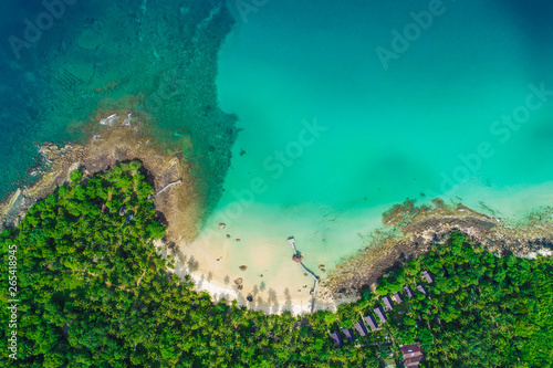 Aerial view white sand beach with coconut palm tree turquoise water
