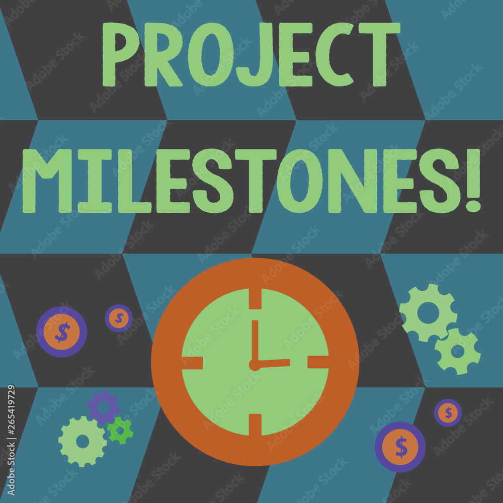 Word writing text Project Milestones. Business photo showcasing duration that shows an important achievement in a project Time Management Icons of Clock, Cog Wheel Gears and Dollar Currency Sign Word writing text Project Milestones. Business photo showcasing duration that shows an important achievement in a project Time Management Icons of Clock, Cog Wheel Gears and Dollar Currency Sign