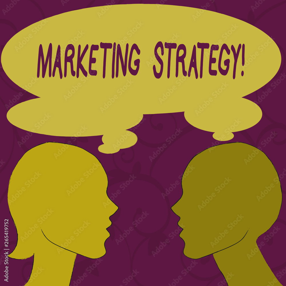 Text sign showing Marketing Strategy. Business photo showcasing plan of action designed to promote and sell a product Silhouette Sideview Profile Image of Man and Woman with Shared Thought Bubble