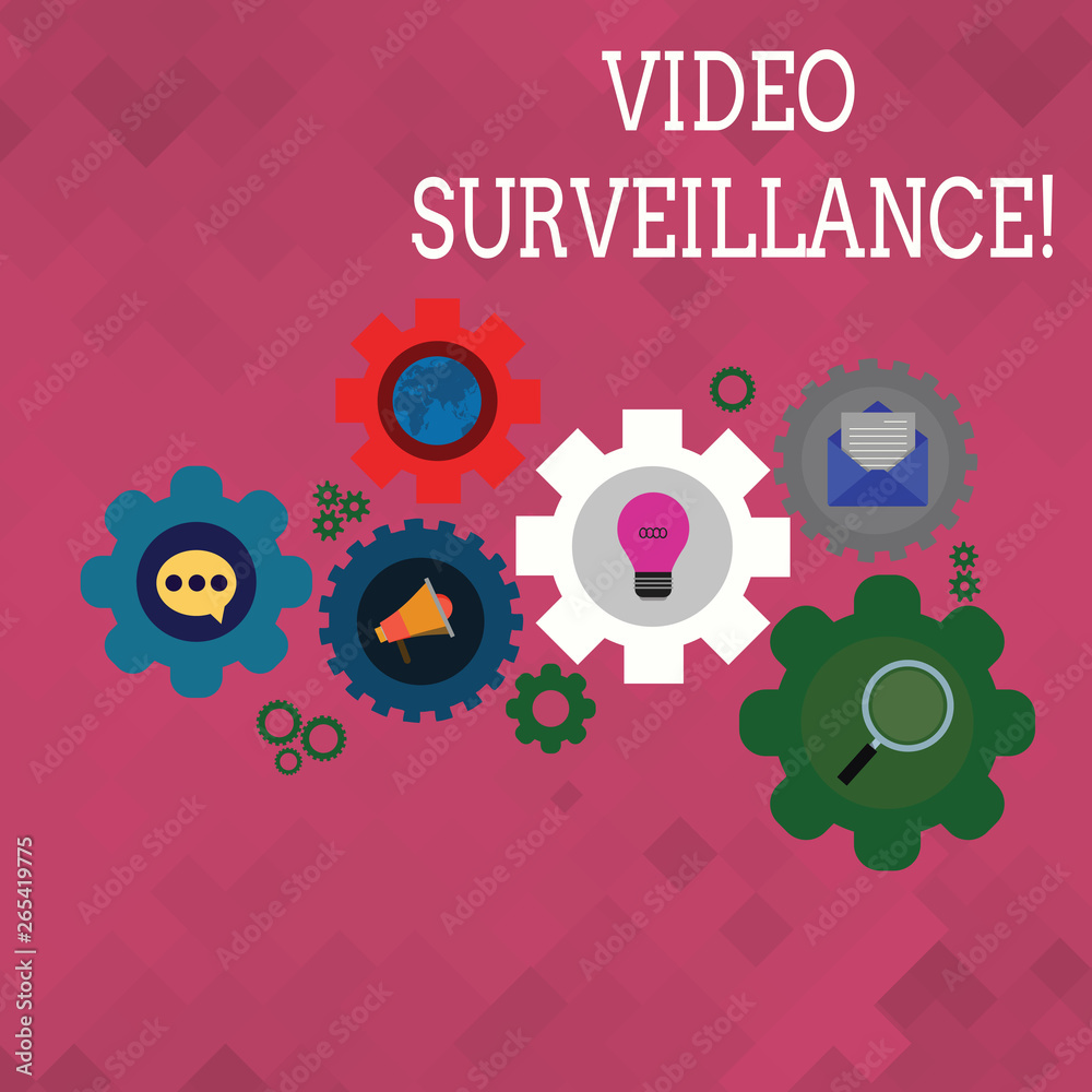 Text sign showing Video Surveillance. Business photo text system of monitoring activity in an area or building Set of Global Online Social Networking Icons Inside Colorful Cog Wheel Gear Text sign showing Video Surveillance. Business photo text system of monitoring activity in an area or building Set of Global Online Social Networking Icons Inside Colorful Cog Wheel Gear