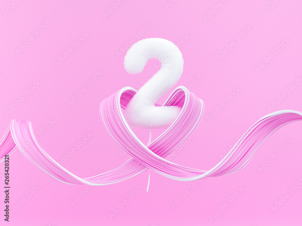 Two year birthday. Number 2 flying white balloon and heart shaped ribbon on pink. Two-year anniversary background. 3d rendering Two year birthday. Number 2 flying white balloon and heart shaped ribbon on pink. Two-year anniversary background. 3d rendering
